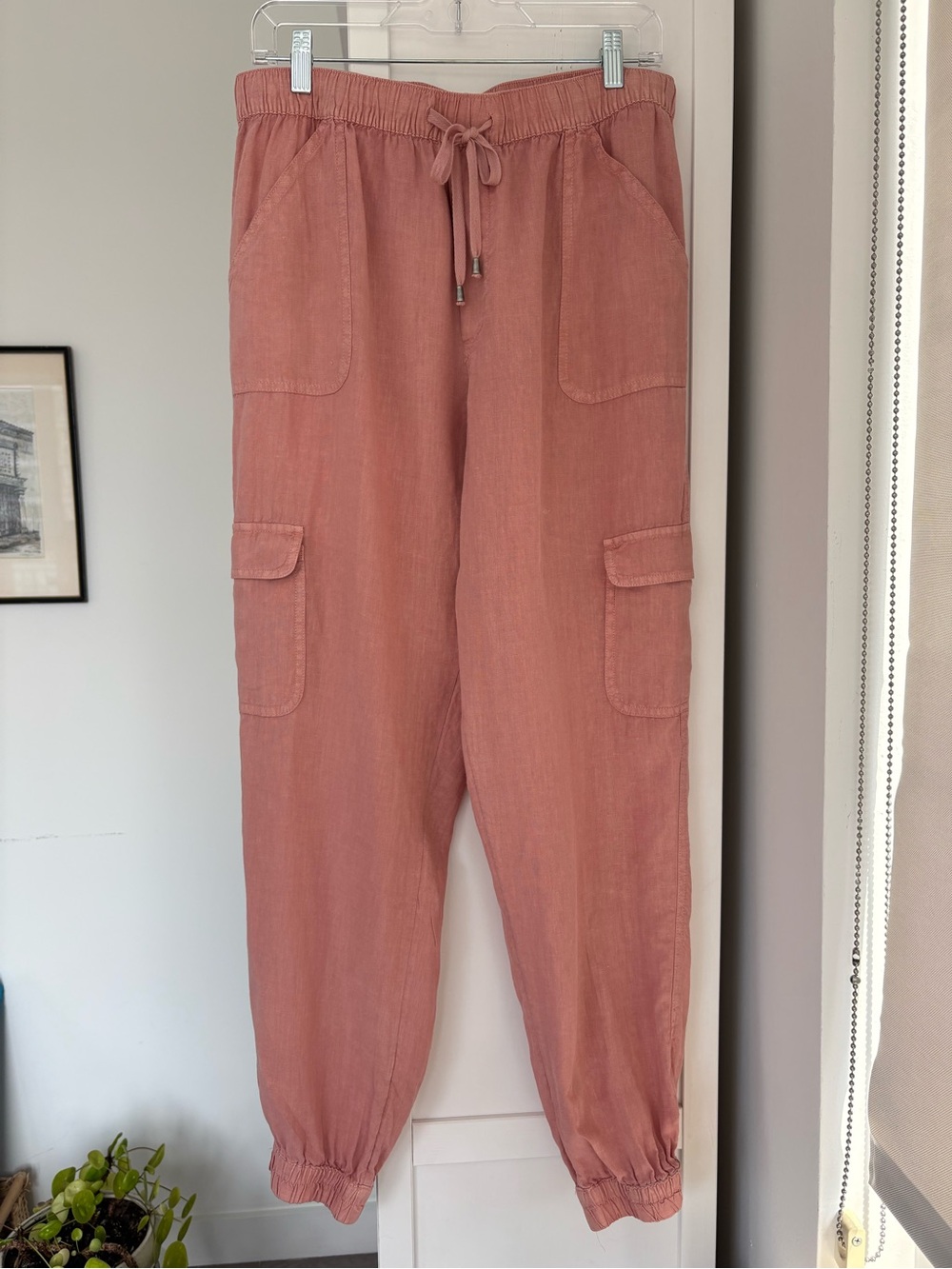 Nicole Miller Linen Blend Cargo Jogger Pants Size L Dusty Rose Drawstring Casual